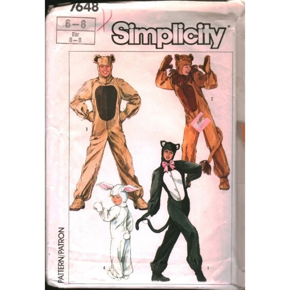 Simplicity 7648 Animal Costume Sewing Pattern Cat Lion Bear Rabbit Adult Child